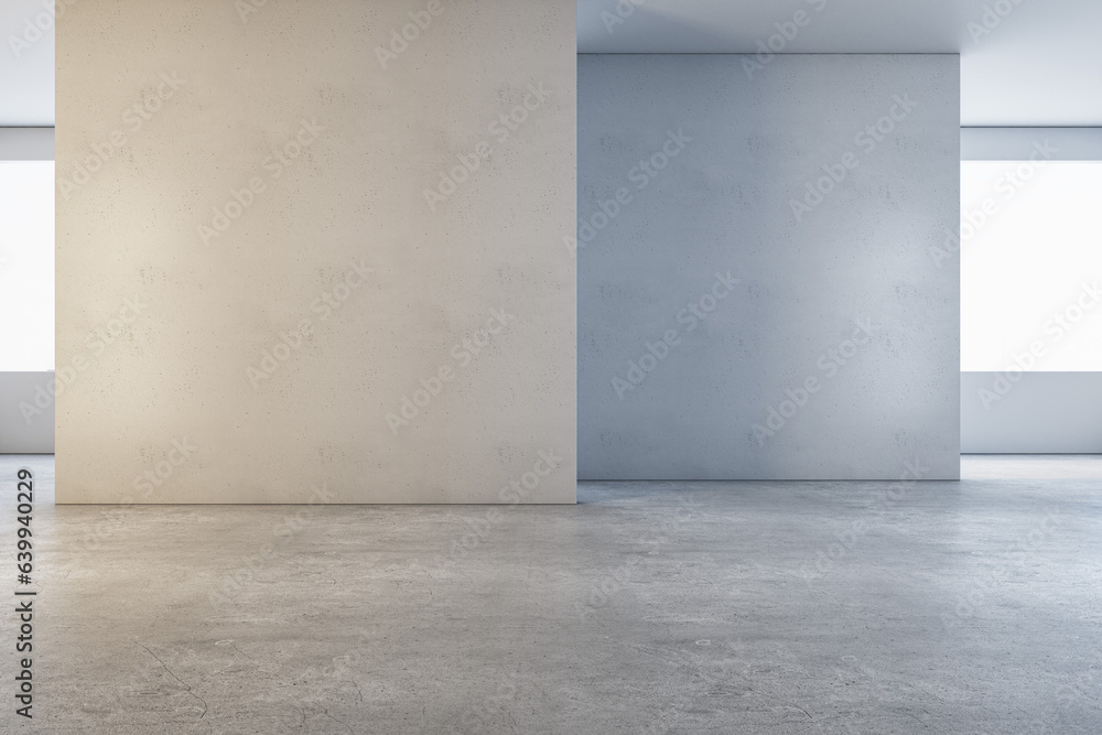 Modern concrete gallery interior with mock up place on walls and white windows. Museum room concept. 3D Rendering. - obrazy, fototapety, plakaty 