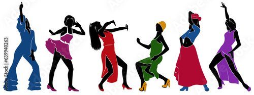 Collection of Dancing Women Silhouettes isolated on white. All color parts can be removed to get complete black figure. Vector cliparts.