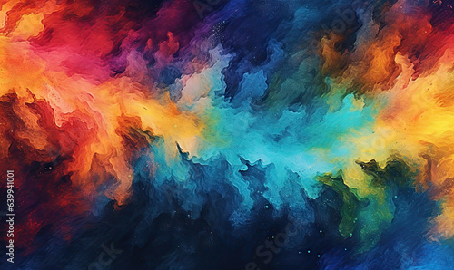 Multi colored watercolor on black background. Texture of smoke out paint. For banner  postcard  book illustration. Created with generative AI tools