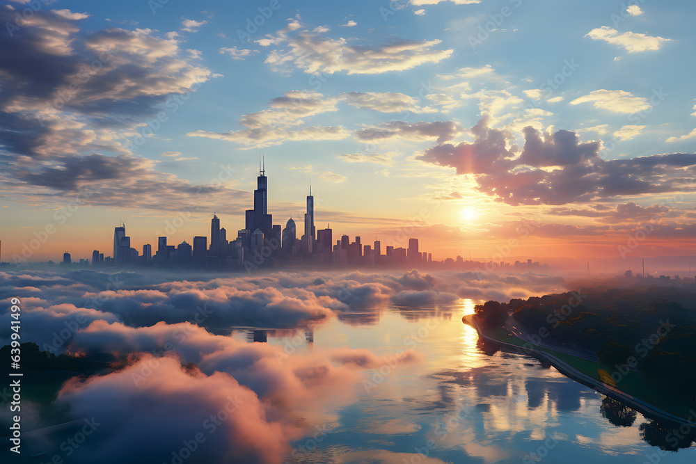 Beautiful skyline at sunset with reflection