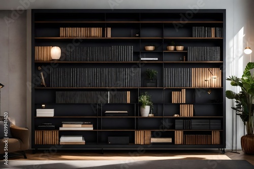 A black modern bookshelf in an industrial chic living room