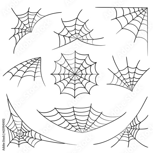 Cobweb collection isolated on white background. Line art. Gossamer. Spiderweb outline sign. Black and white vector illustration.