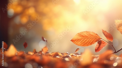 Beautiful autumn background with golden leaves and sunbeams with space for text or inscriptions.generative ai 