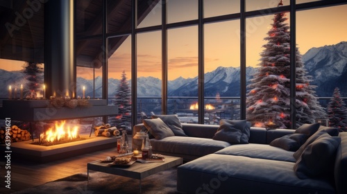 Interior of cozy living room in modern minimalist cottage with Christmas decor. Blazing fireplace, burning candles, elegant Christmas tree, comfortable couch, panoramic window with mountains view.