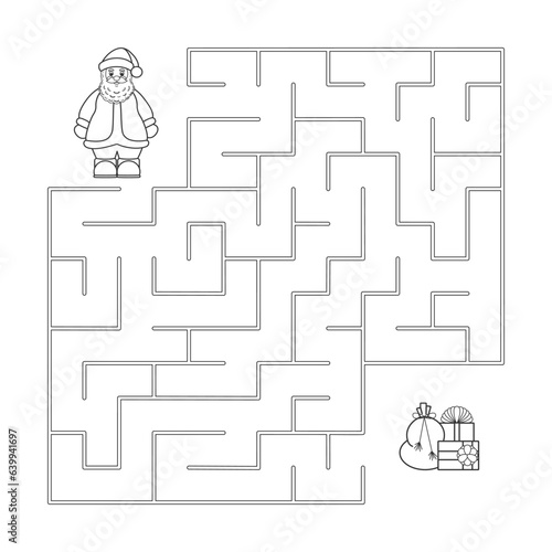 Black and white vector illustration. Children s educational game finding the right way. Christmas maze is a puzzle. Coloring book. Children s Help Santa Claus find the way to the gifts.