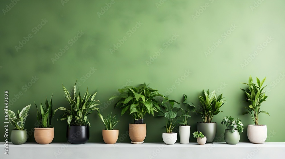 Potted plants on a wooden shelf, green wall background