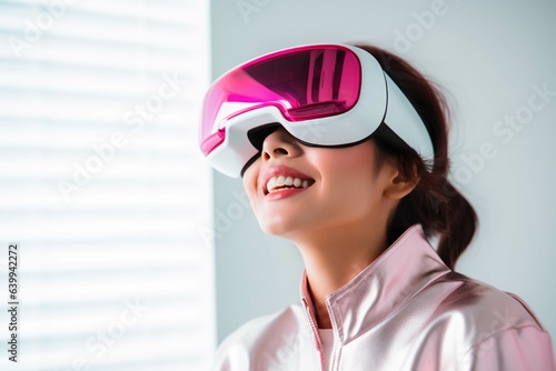 Beautiful young woman wearing virtual reality goggles. Future technology concept