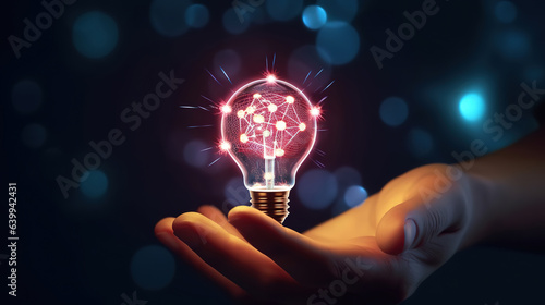 Hand holding light bulb and cog inside. Generative Ai
