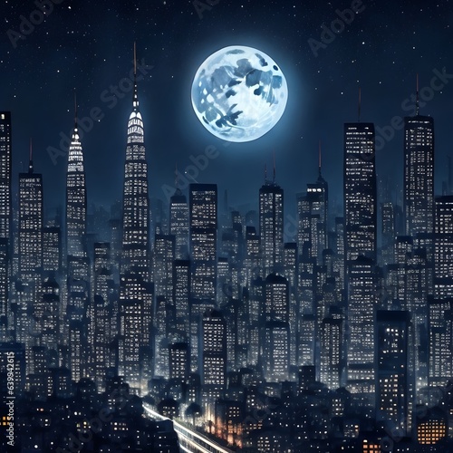 Night city skyline illustration. Twinkling lights, skyscrapers, full moon. Urban ambiance captured.
