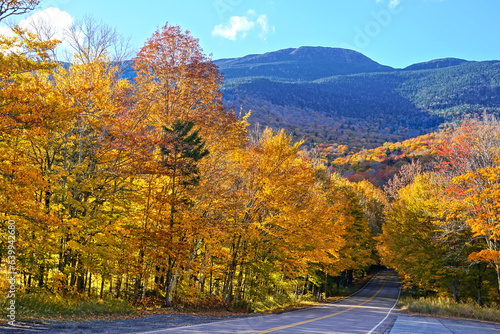 Slika na platnu Autumn colors at the start of Smuggler's Notch with Mount Mansfield behind, Verm