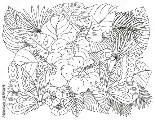 Coloring page of tropical flowers and leaves. Antistress for adults and children.