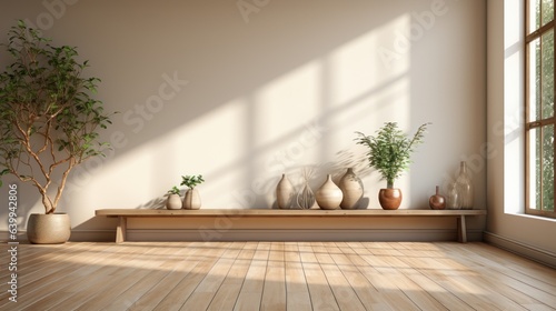 Aesthetic minimalist composition of japandi living room interior. Long wooden bench, decorative vases, exotic plants in floor pots, wooden floor, large windows. Home decor. Template.