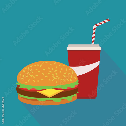 Fast food menu with a hamburger and a cup of soda with its lid and straw on a blue background with shadow in a flat design style