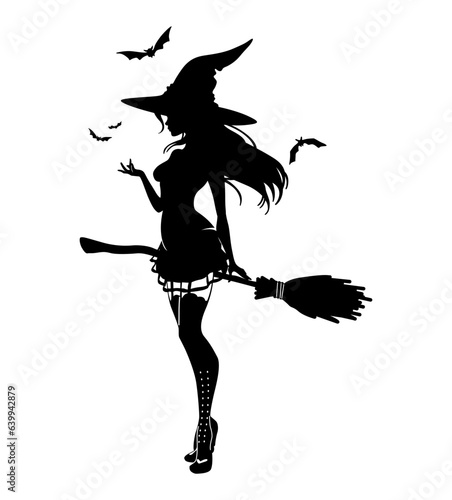 Silhouett witch with broomstick. Sexy mythical character for Halloween. Magic female in witch hat with bats. Vector illustration of scary personage.