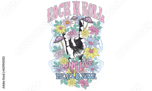 Rock and roll t-shirt print design. Make some noise. Music world tour poster. Fearless design. Flower garden with mushroom.