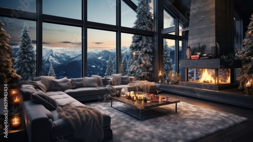Interior of cozy living room in modern minimalist cottage with Christmas decor. Blazing fireplace, burning candles, elegant Christmas tree, comfortable couch, panoramic window with mountains view. © Georgii
