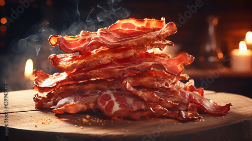Tasty fried bacon on a kitchen board with a beautiful background. A stack of smoking bacon.generative ai 