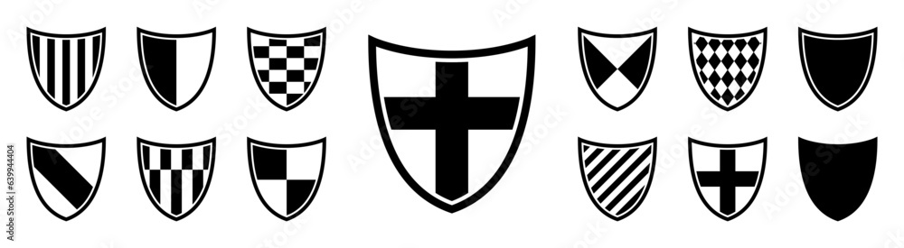 Protection shield vector set. Shields of various shapes with various patterns. Set of black and white icons symbolizing protection. Vector flat illustration Protection shield vector set. Shields of various shapes with various patterns. Set of black and white icons symbolizing protection. Vector flat illustration