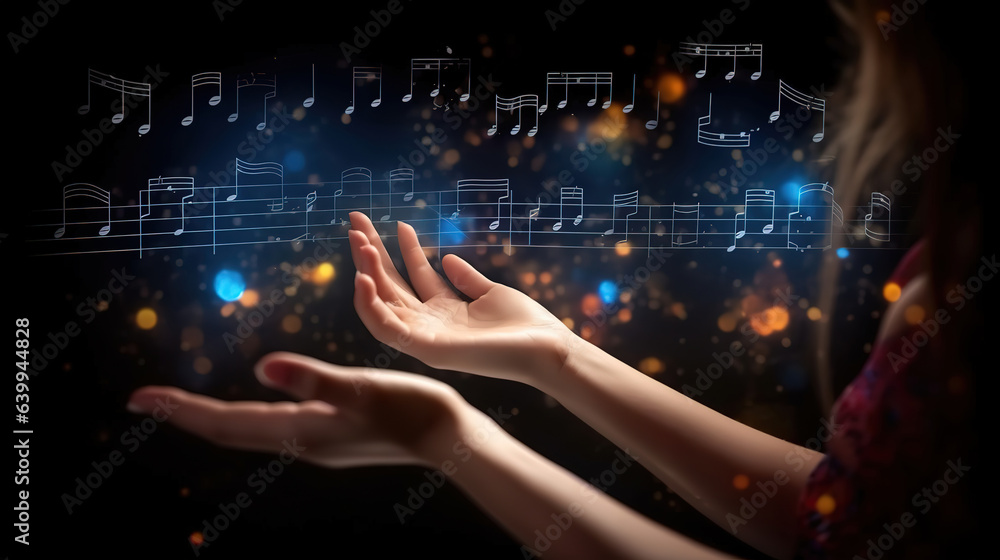 Woman hands playing music notes on dark background, music concept. Generative Ai Woman hands playing music notes on dark background, music concept. Generative Ai