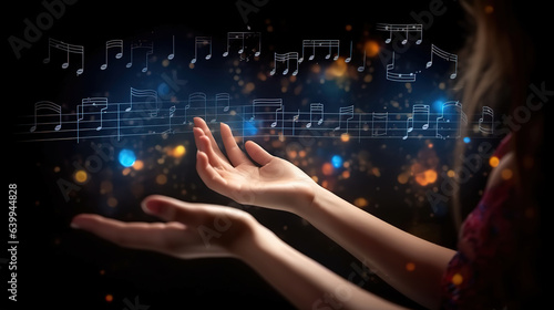 Woman hands playing music notes on dark background, music concept. Generative Ai