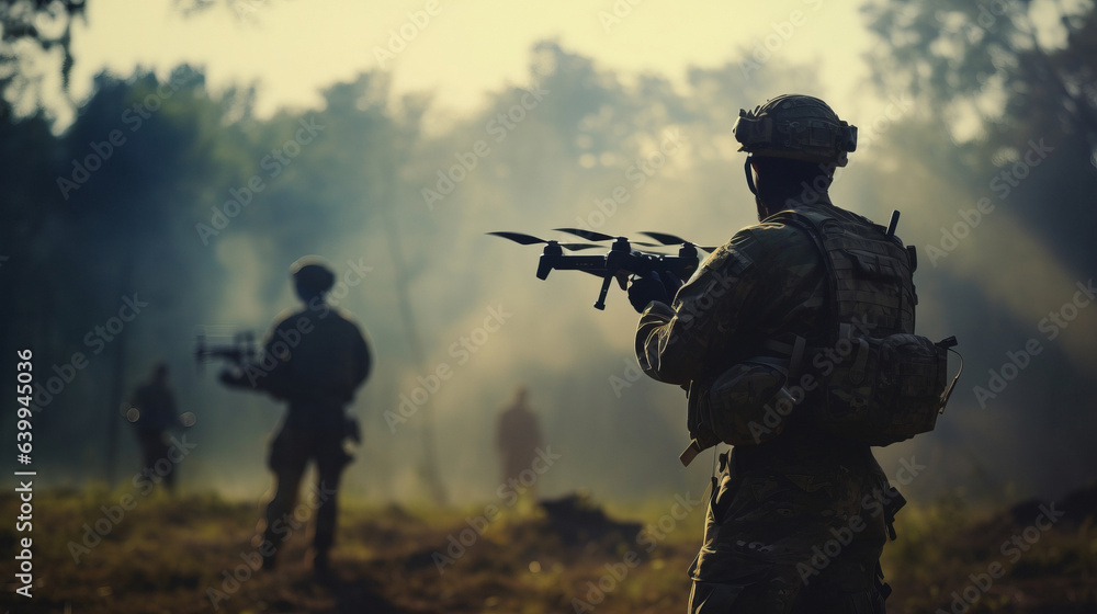 Soldiers in the forest using drones for combat purposes or missions.generative ai
Soldiers in the forest using drones for combat purposes or missions.generative ai