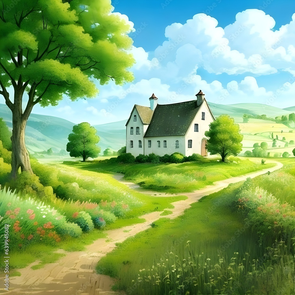 Tranquil countryside scene illustration. Charming farmhouse, green fields, fluffy clouds. T-shirt graphics & more.

