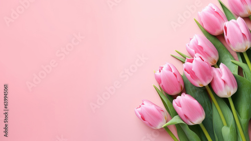 Greeting card of bouquet of pink tulips on a pastel pink background with copy space