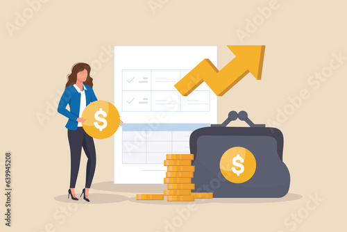 Financial or business profession concept. Business character making financial operation. Economist, financier, broker, accountant, trader, tax inspector, commercial director. Vector illustration