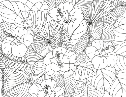 Coloring page of tropical flowers and leaves. Antistress for adults and children.
