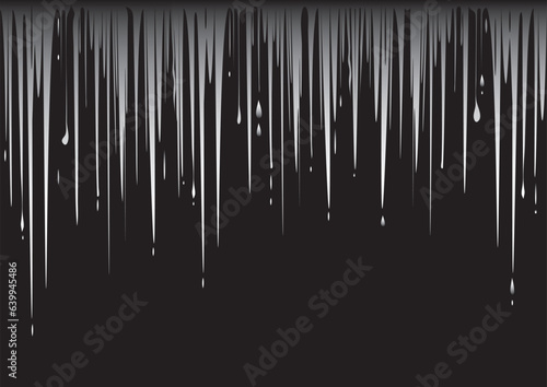 Template with running water border, melting icicles. Abstract background with black lines, falling snow falling on empty black background.