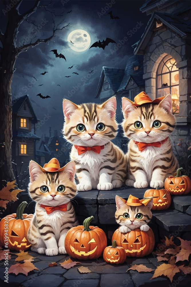 Cute cat family on Halloween night Cute cat family on Halloween night