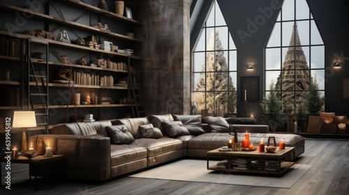 Loft style open space living area interior in luxury cottage. Grunge walls, leather corner sofa, coffee table, bookshelves, large gothic style windows. Contemporary home decor.