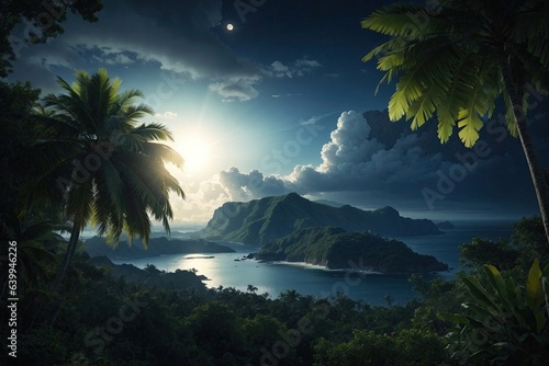 Beautiful fantasy tropical beach with star in night skies