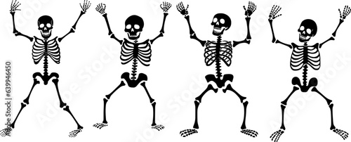 Halloween skeletons silhouette are dancing. Spooky season vector illustration.