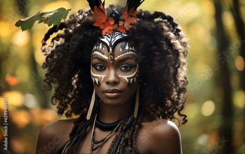 Beautiful African American model in Halloween costume on dark spooky autumn forest background with copy space. Sexy woman with festive coiffure, leaves, extravagant dress and scary tribe makeup