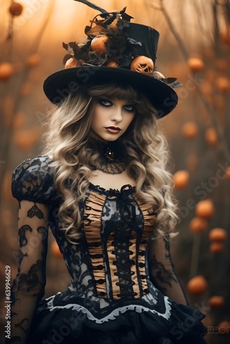 Beautiful Caucasian model in Halloween costume on dark spooky background with copy space. Sexy woman in top hat, vintage gothic dress and scary makeup