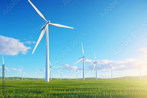 Wind Turbines Generating Electricity on a Green Meadow. Renewable energy concept. Digital Ai