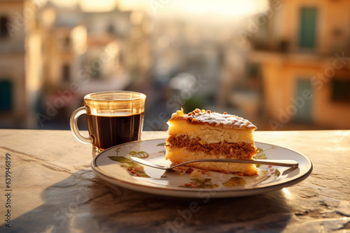Italian Delights: Espresso Coffee and Traditional Naples Cake . A Taste of Travel in Italy concept. Digital Ai