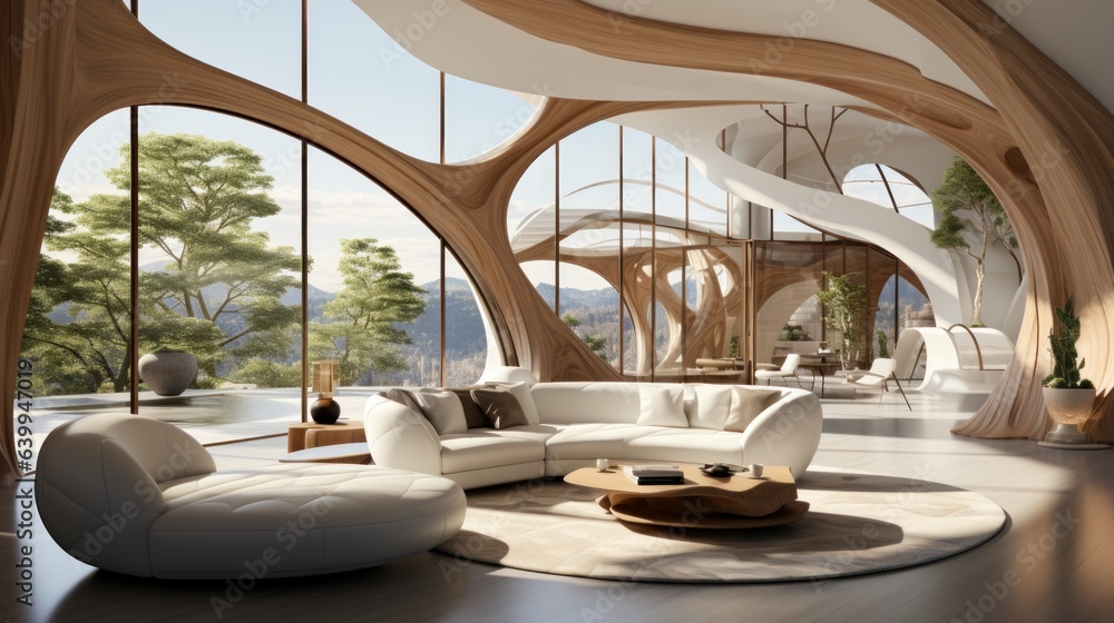 Modern living room interior in luxury house. Imitation of wildlife in elements of architecture. Curved sofas, round coffee table. Floor-to-ceiling windows with forest view. Contemporary home decor.