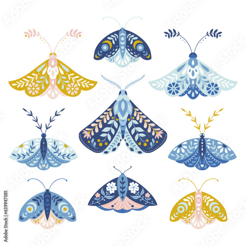 Vector folk art moths set isolated on a white background
