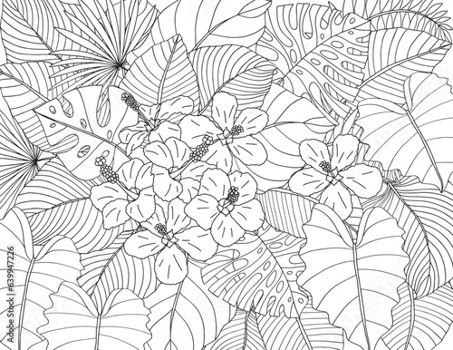Coloring page of tropical flowers and leaves. Antistress for adults and children.