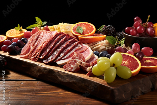 Delectable Charcuterie decorated with Fruits on Wooden Board. Digital Ai