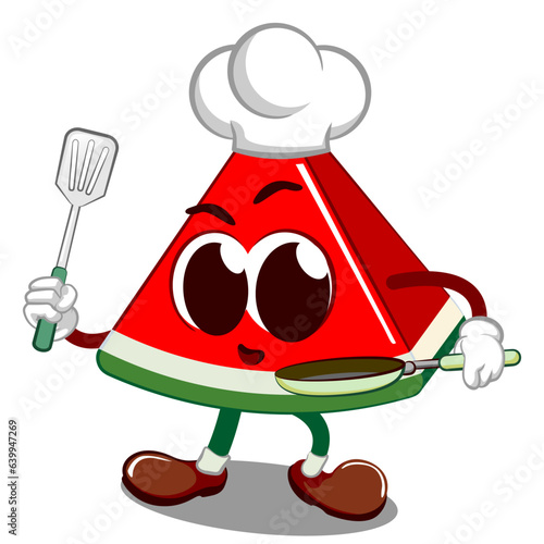 mascot vector illustration of a cute piece of watermelon excited to be a chef