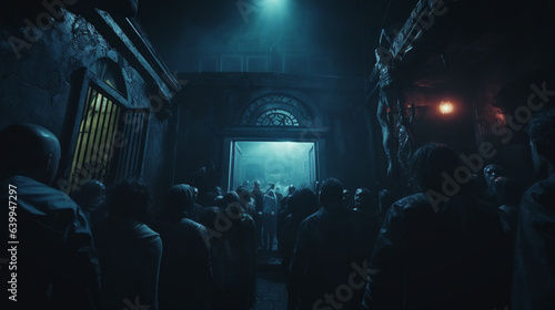 Group of people waiting to enter the hunted house in Halloween