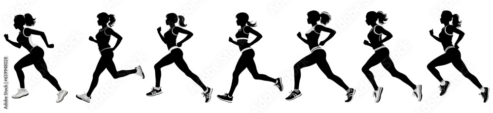 Run. Running women, vector set of isolated silhouettes