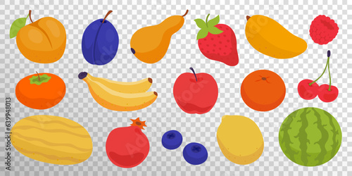 Fototapeta Naklejka Na Ścianę i Meble -  Set of cherry, orange, lemon, watermelon, melon, blueberry, bananas, raspberry, strawberry, pomegranate, plum, persimmon, apricot, peach, pear, apple. Fruits and berries on transparent background