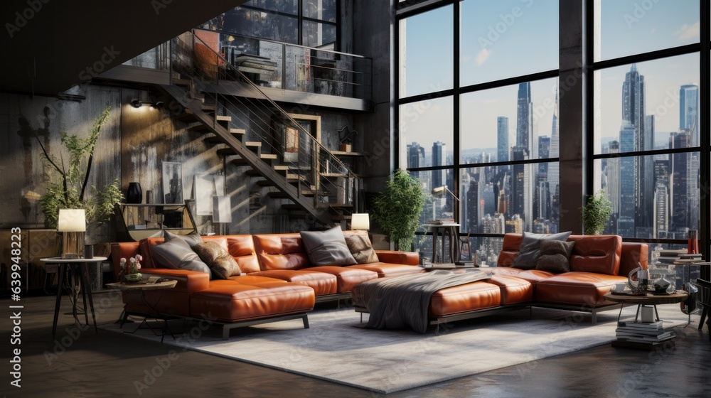 Loft style open space living area interior in luxury apartment. Grunge walls, vintage leather couches, ottoman, staircase to upper level, panoramic windows with city view.Contemporary home decor.