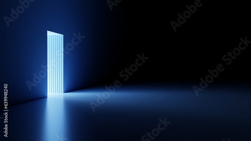 Îpen portal from which a bright blue light shines into an empty room. 3d render.