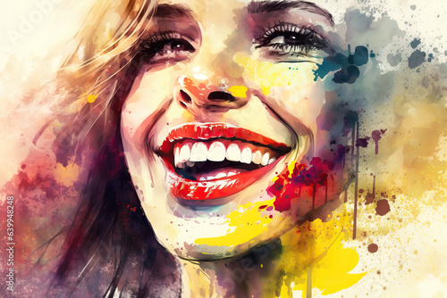 closeup of young woman with bright smile, aquarelle style, ai generated
