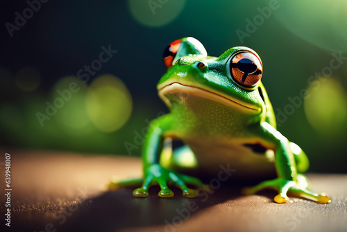 macro shot of a green frog on jungle